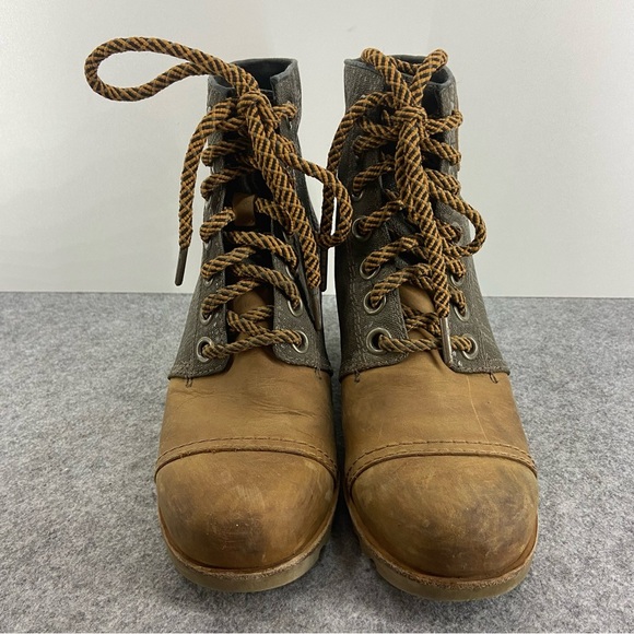 Sorel Tan Leather and Gray Lace-Up Wedge Ankle Boots Women’s Size 7.5 - Picture 8 of 12